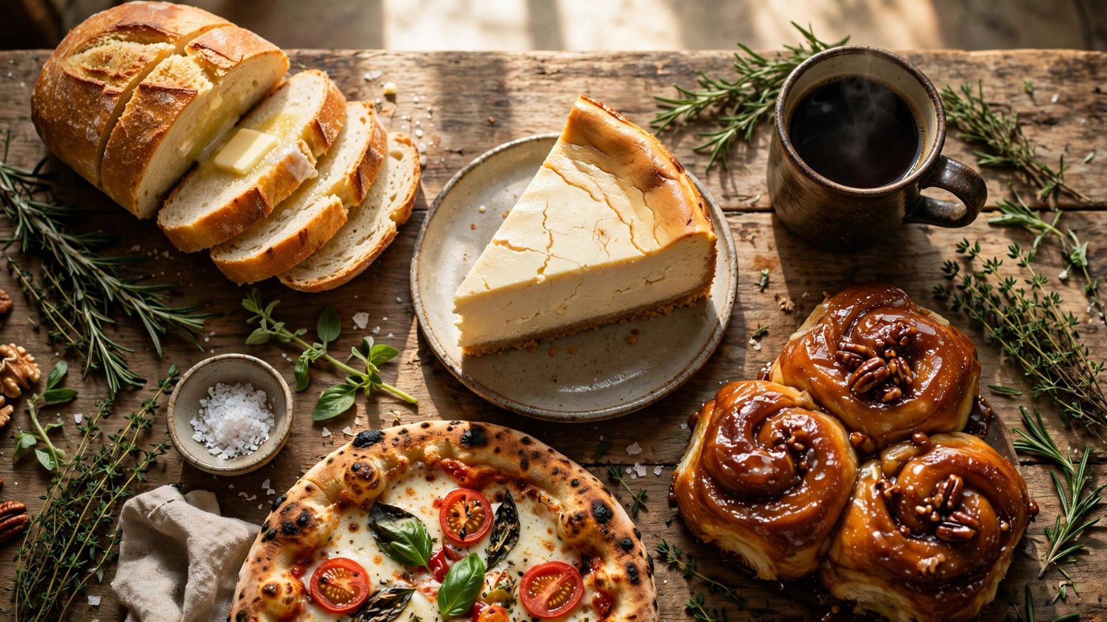 A rustic table spread of low-carb bread with butter, cheesecake, sticky buns, and pizza with coffee — the LoCarb Lifestyle greatest hits